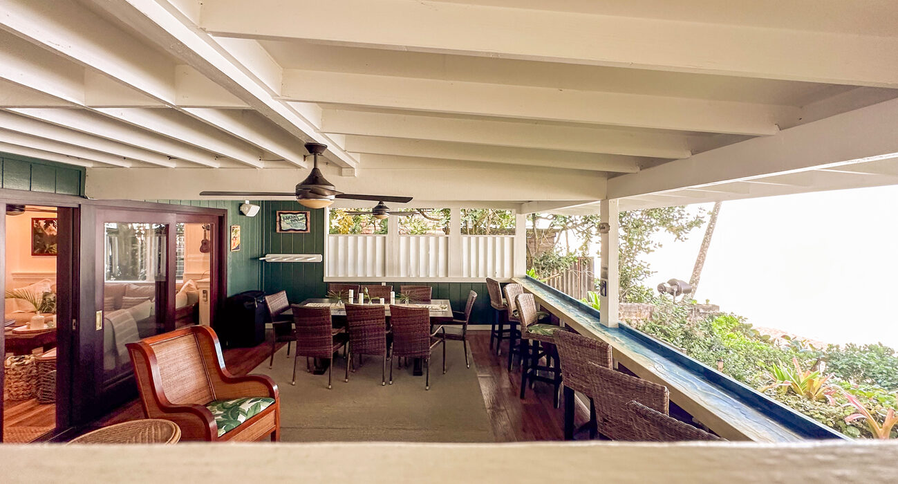Aloha House oceanfront balcony and backyard, North Shore Oahu - Mana Properties Hawaii
