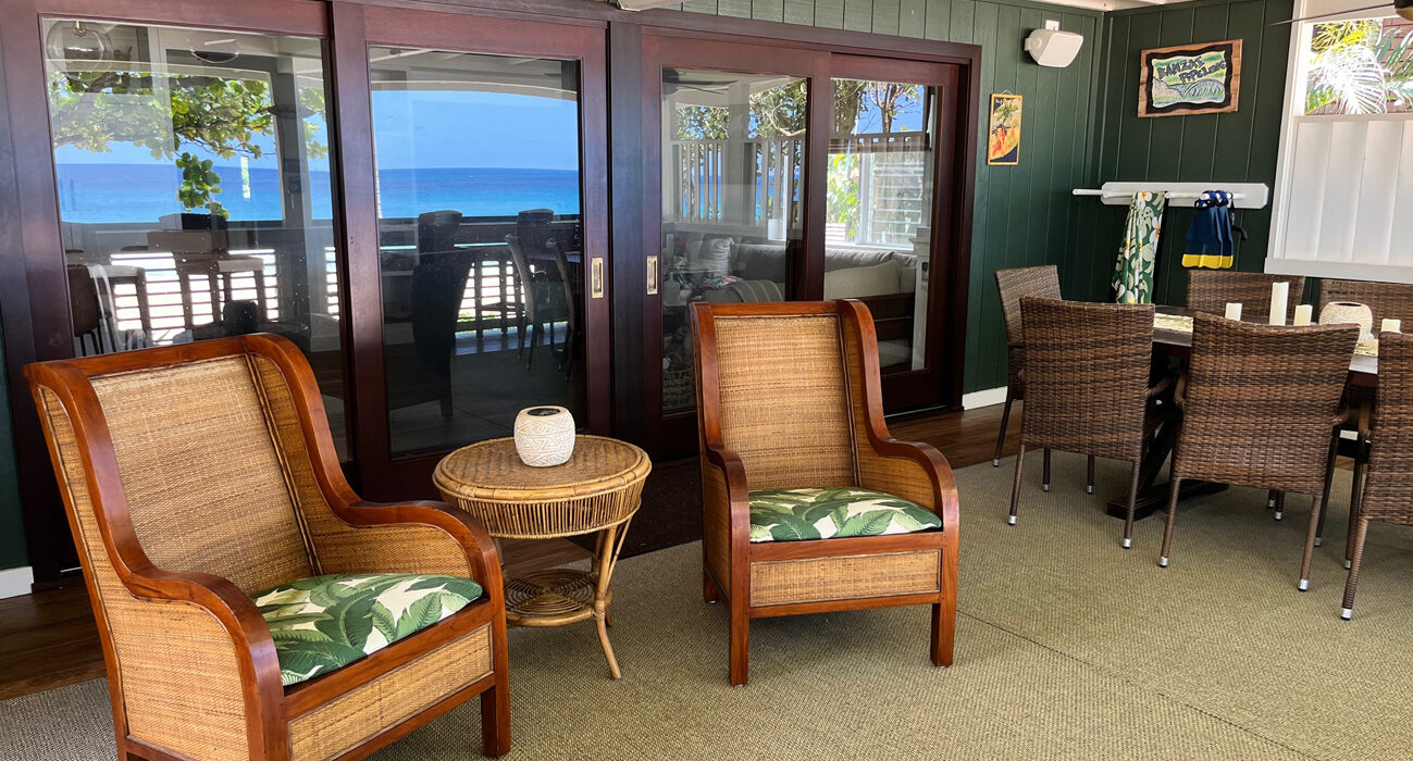 Aloha House oceanfront balcony and backyard, North Shore Oahu - Mana Properties Hawaii