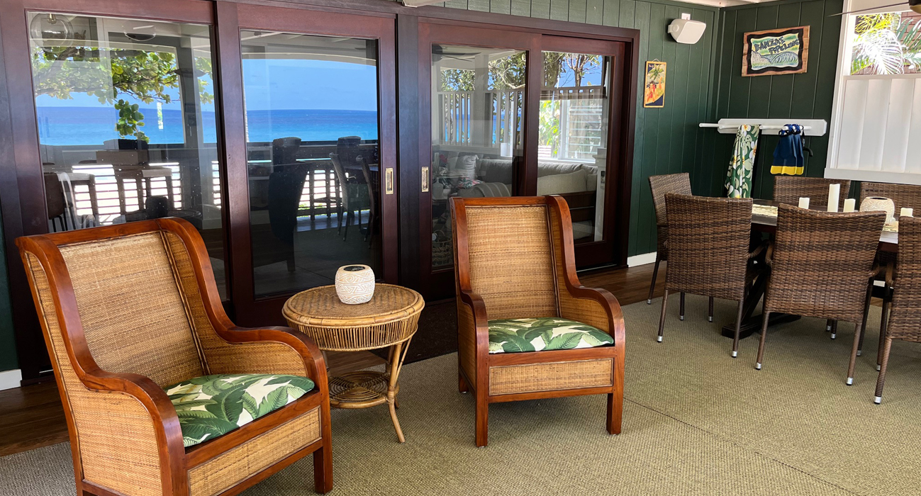 Aloha House oceanfront balcony and backyard, North Shore Oahu - Mana Properties Hawaii